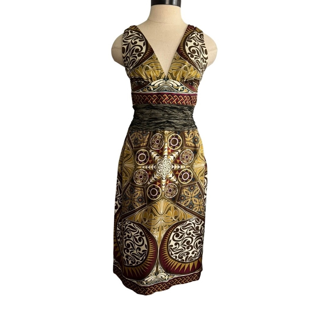 Nicole Miller Collection Olive Green Printed Silk Dress Crinkled Waist Size 4